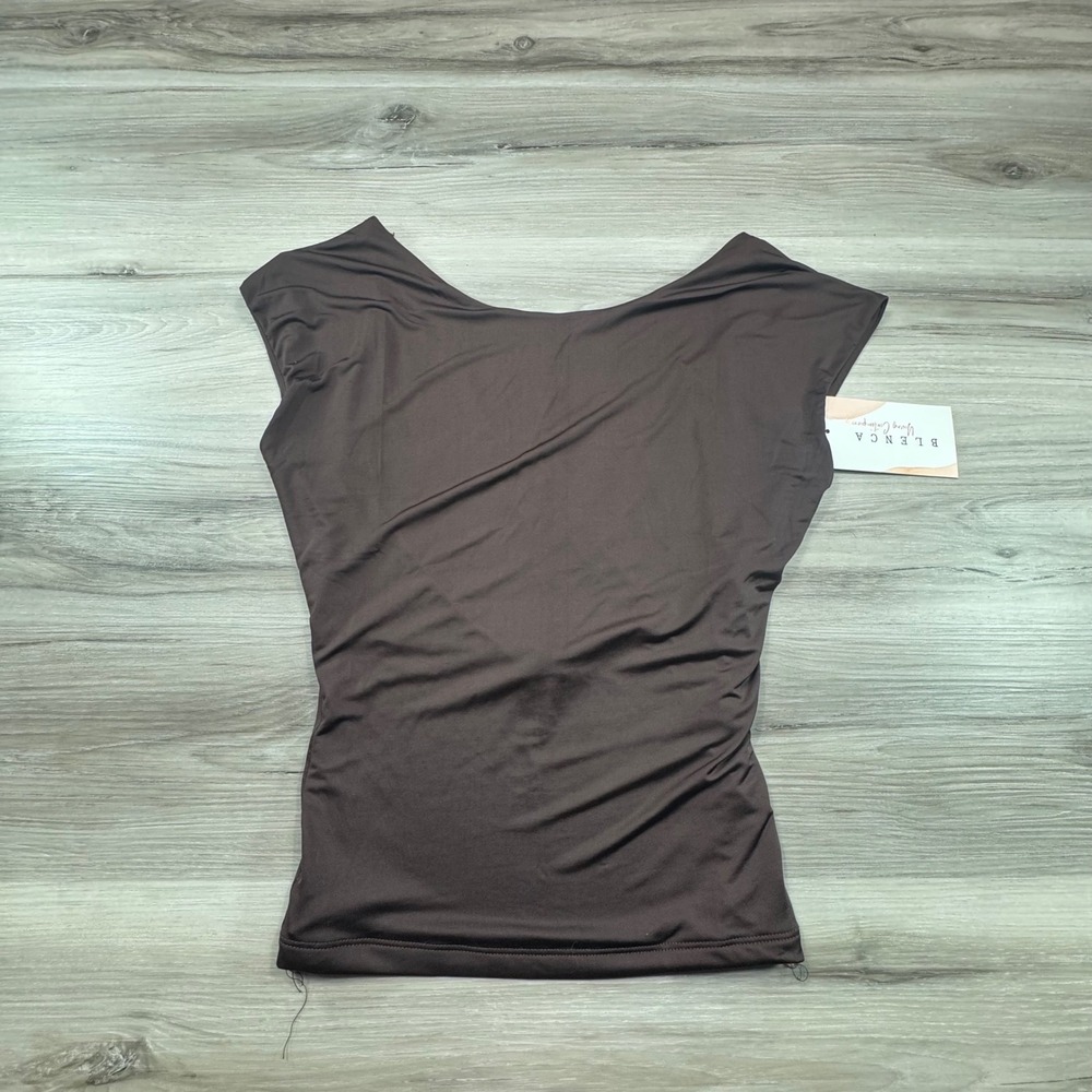 BLENCA Young Contemporary Brown Ruched Cap Sleeve‎ Top Women's Size L